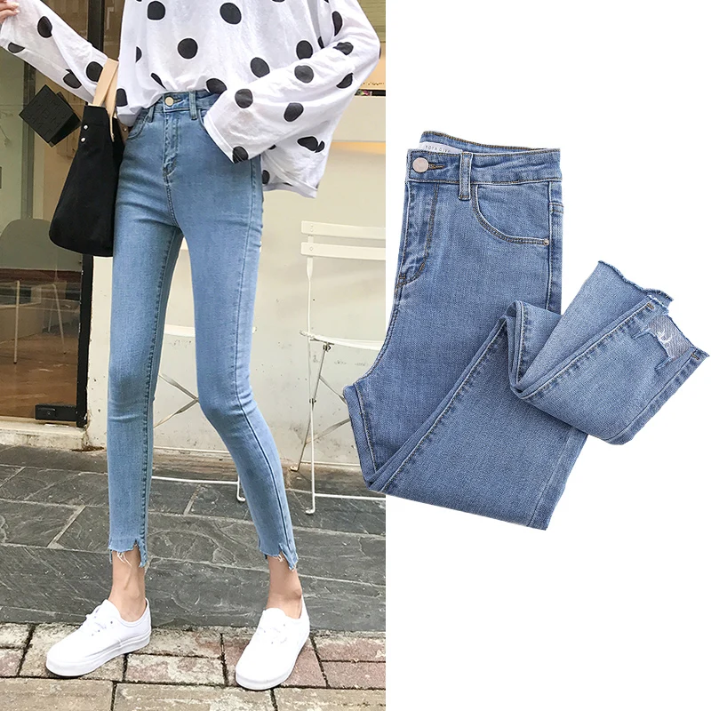 Light Wash Women's Elastic Nine-Piece Slimming Pencil Jeans High Waist Cotton Stretch Denim Versatile Student Fashion