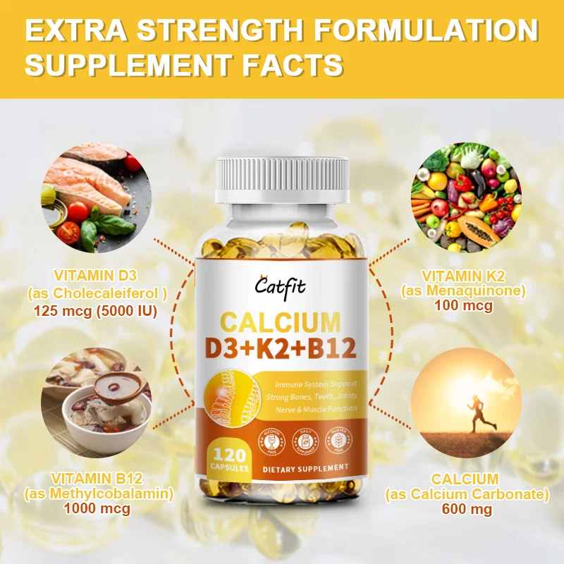 Catfit Vitamin D3K2 Capsules Vb12 Calcium High Absorption Heart Brain Health Bone Density Joints Flexibility Weight Management