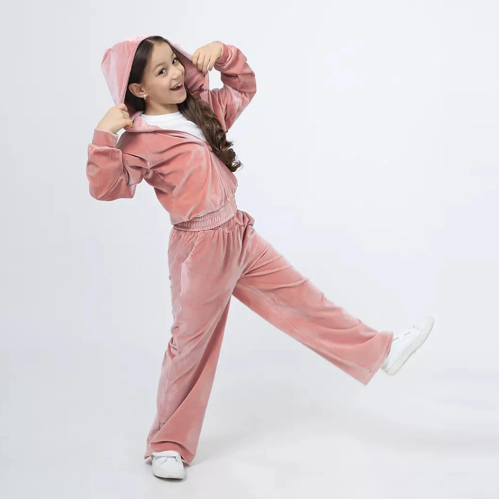 2 قطعة 2025 موضة الأطفال الفتيات المخملية Sweatsuit طفل سستة يصل هوديي الستر معطف فستان أطفال مع سروال داخلي الشتاء الاطفال رياضية وتتسابق #5