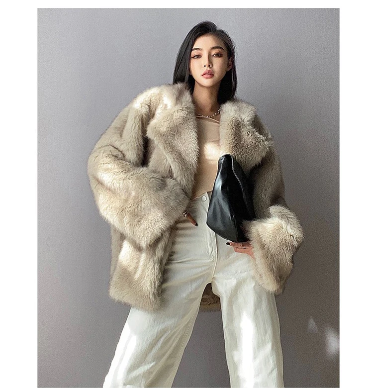 Lautaro Winter Loose Casual Thick Warm Soft Hairy Faux Fur Coat Women Luxury High Quality Furry Fluffy Jacket Korean Fashion