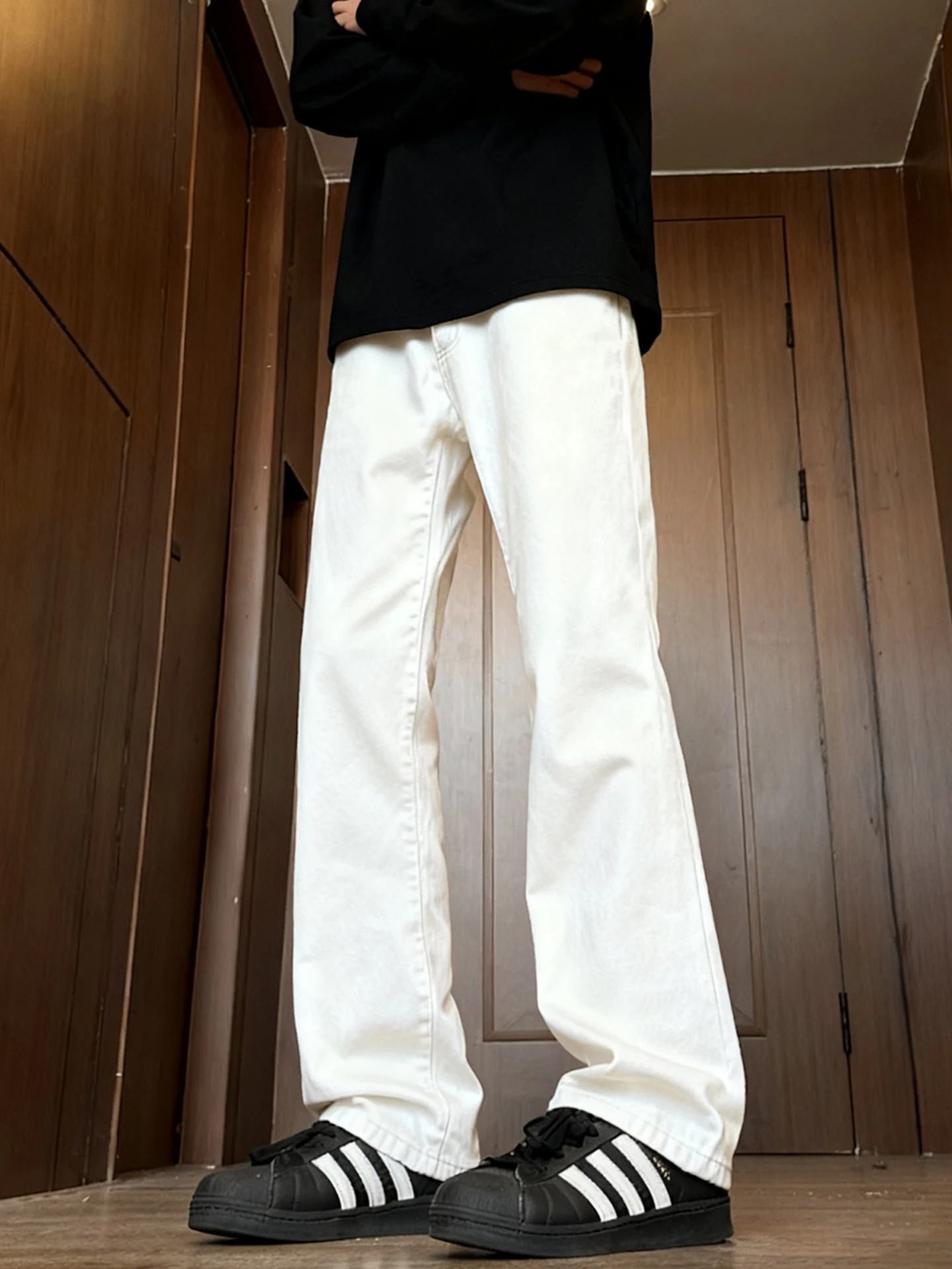 

White Drapey Fce Lined Straight Leg Men's Jeans High Waist Slim Fit American Vibe Autumn Winter Faion Youthful Casual Wear