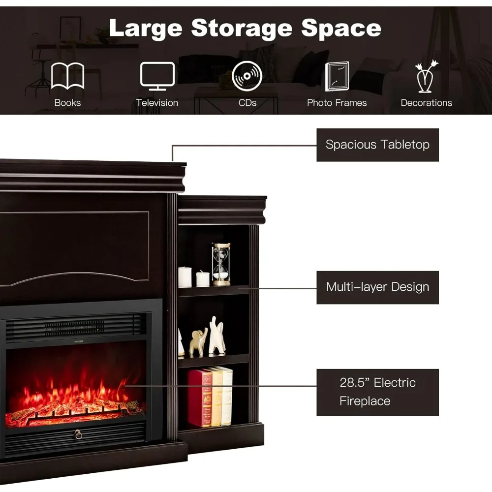 مدفأة كهربائية مقاس 70 بوصة مع رف مدمج وأرفف كتب، حرارة قابلة للتعديل 750 وات/1500 وات، عرض 28.5 بوصة، جهاز تحكم عن بعد