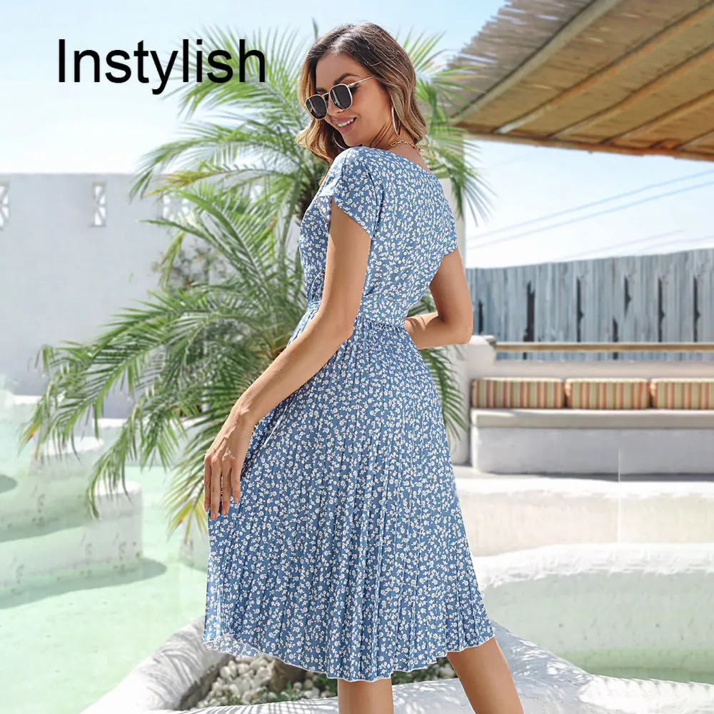 Elegante Impressão Floral Plissada A Linha Vestido Mulheres Verão Manga Curta Lace Up Cintura Vestido Elegante Boho Beach Party Dress vestidos