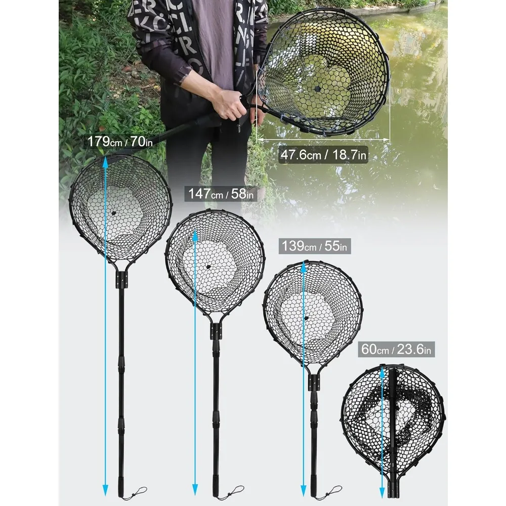 

Large Rubber Landing Net for Saltwater - Heavy Duty Big Fishing Net, Kayak Folding Retractable With Long Handle