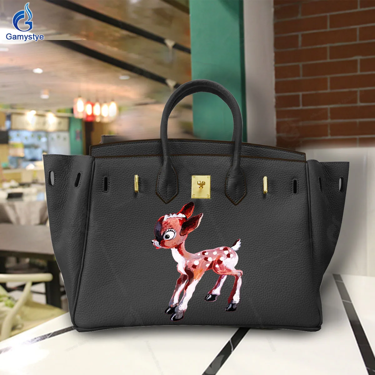 Art Print A cute little deer Customize Totes Genuine Leather For women Handbags Designer Shoulder Bag Gold Lock Hardware Fashion