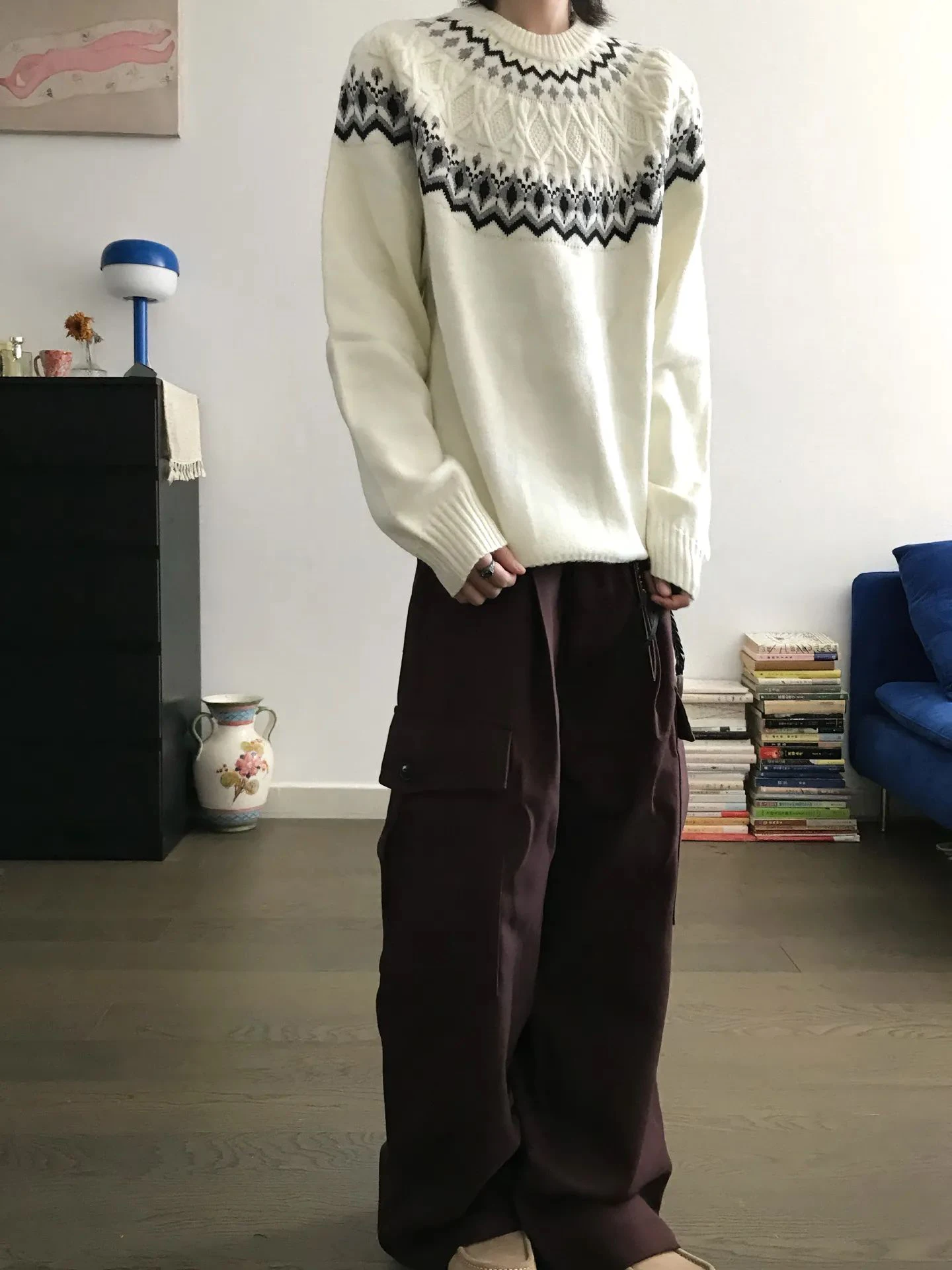 

Vintage Fair Isle Knitted Sweater Men's Base Layer Inner Wear Casual Loose Fit Long Sve round Ne Pullover Autumn Wear