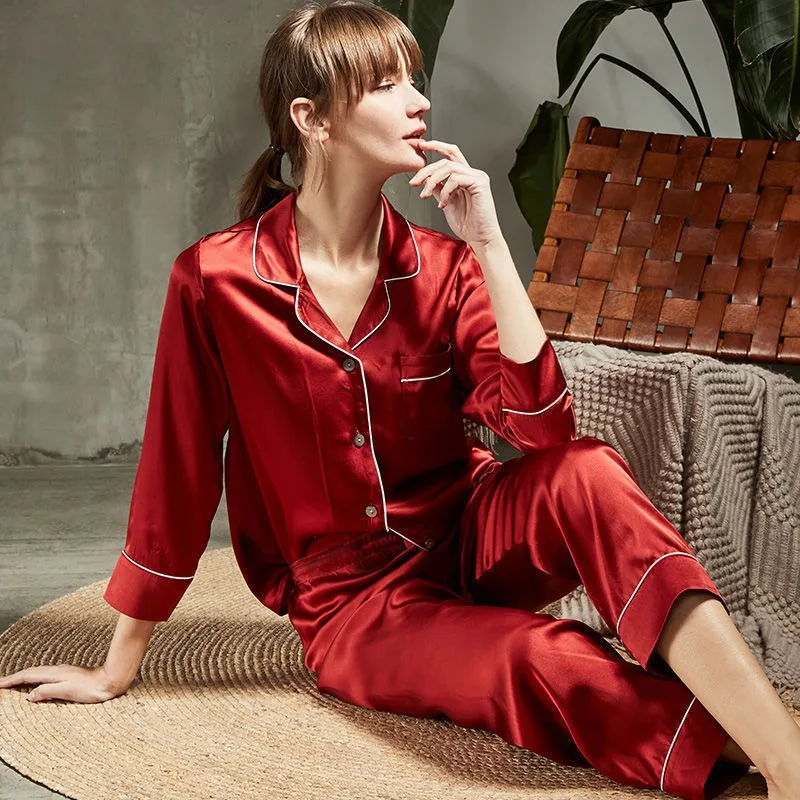 

Высококачественный женский шелковый пижамный комплект, осенние брюки с длинными рукавами, комплект из 2 предметов, одежда для отдыха из 100% тутового шелка, мягкие пары 2XL
