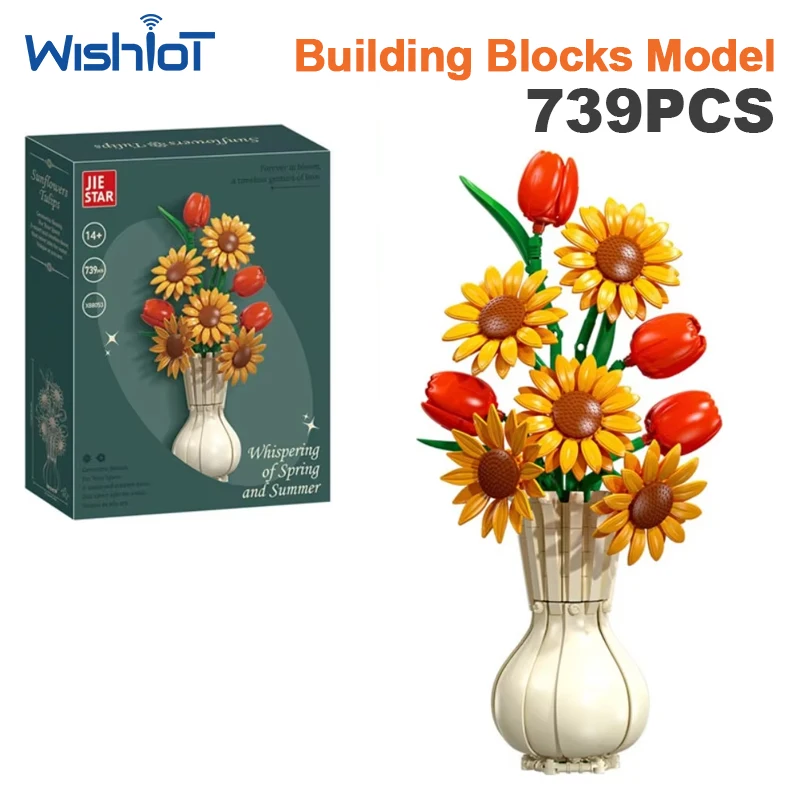 

739 Pcs Building Blocks Sunflower Tulip Flower Bouquet Vase Toy Botanical Plant Desktop Ornament Home Decoration