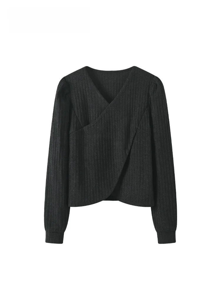 

plus Size Women's V-Ne Long Sve T-irt Slimming Faionable Meat Concealing Small Fraance Sle Top Trendy Autumn Cotton