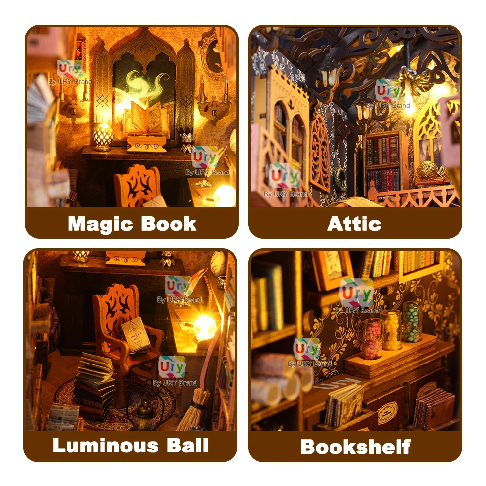 Ury 3D Wooden Puzzle Magic Induction Light LED Book Nook Shelf Insert Kit Miniature Fairy Tale Town Bookshelf Toy Girl Xmas Gift