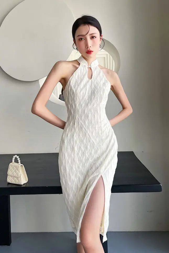 

Elegant Modern Cheongsam Dress Women Summer Sleeveless Side Slit Midi Dress Bodycon Floral Print Off Shoulder Casual Party Qipao