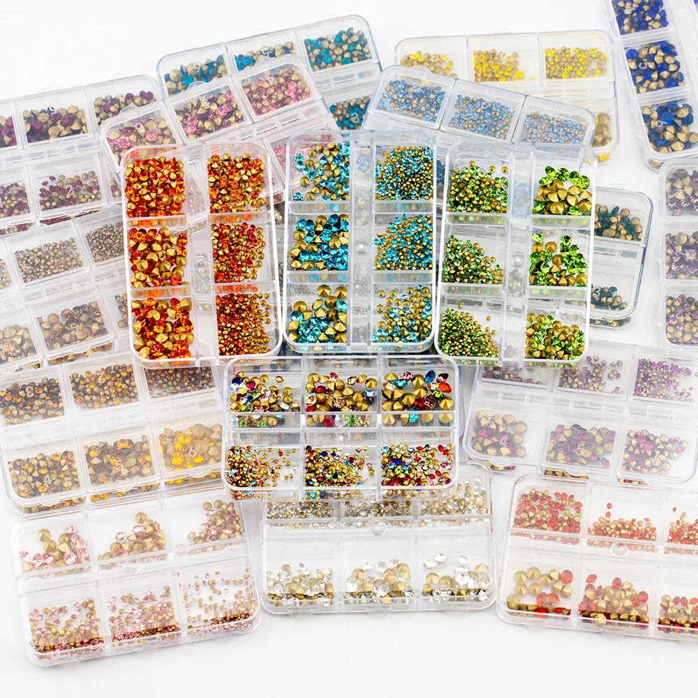 CARLOW Most Popular Machine Cutting Colorful 6 Grids Box Glass Point Back Rhinestone For Nail Diy Decoration