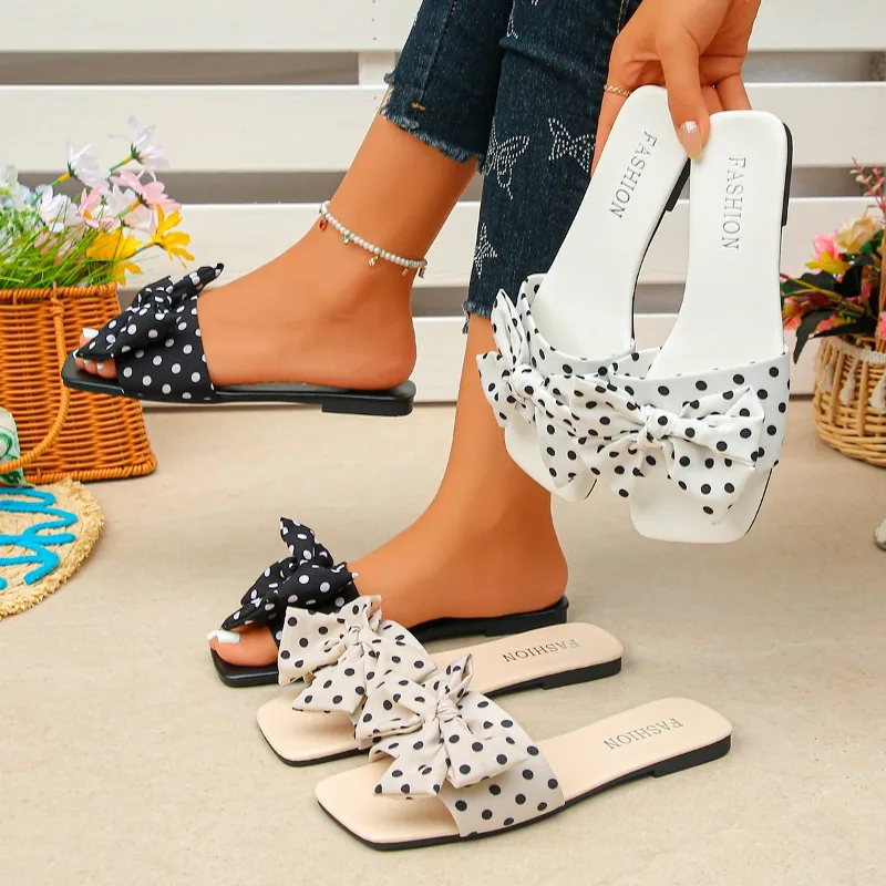 2026 Summer New Style Bowknot Nylons Slippers with Anti-Slip Flat Bottom Summer Sandals