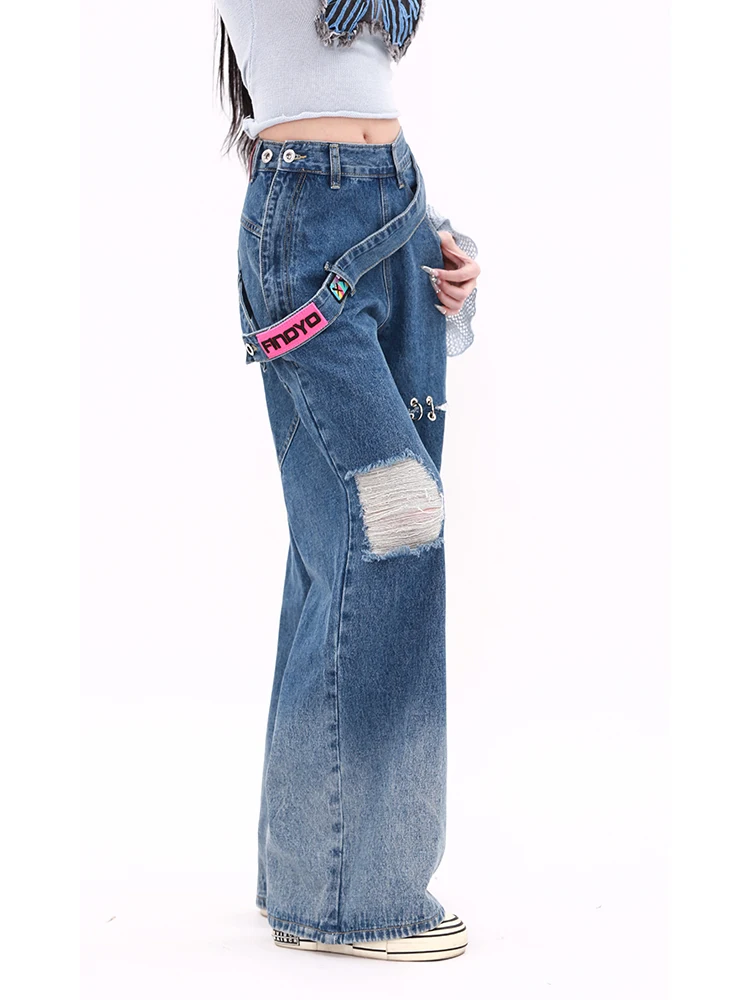 Denim-Jeans mit hoher Taille und weitem Bein, Damen-Herbst-Winter-Design-Sinn, schwerer Crt-Seitenreißverschluss, zerrissene amerikanische SLE-Jeans