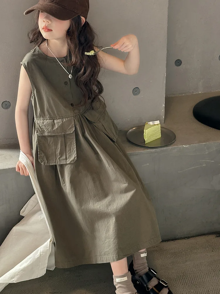 Vestiti per ragazze 2026 Abiti verdi estivi Tasche per bambini Abiti per bambini per bambini 5 6 7 8 9 10 11 12 13 14 15 16 17 18 19 20 anni