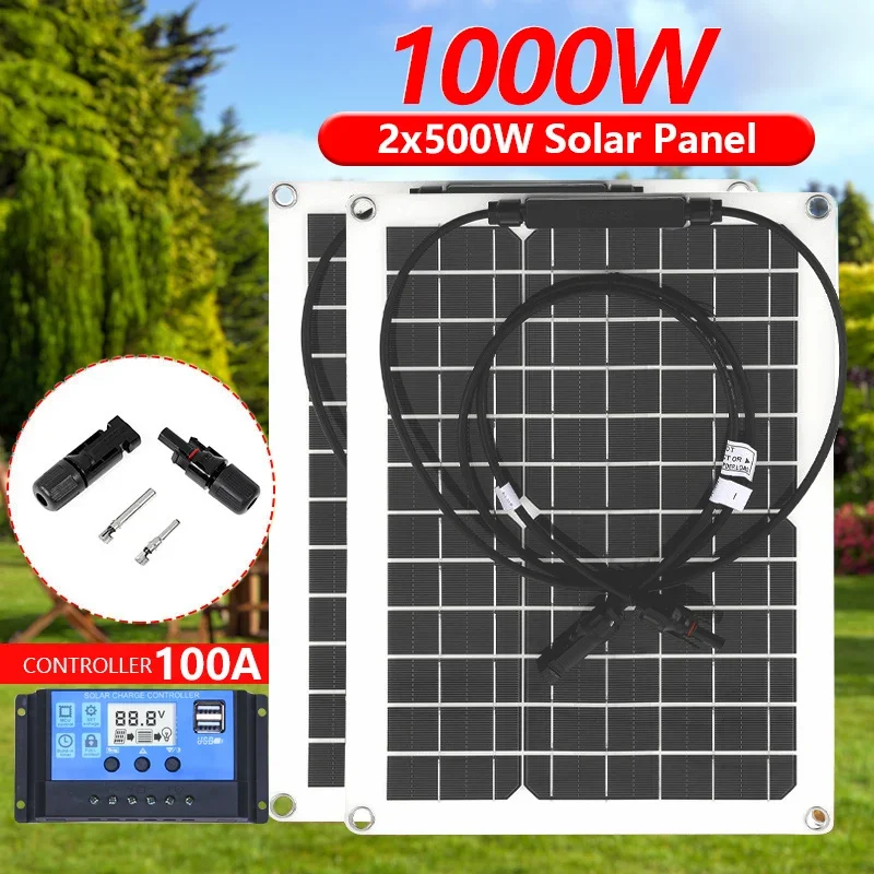 Painel Solar Flexível de 500W/1000W com Carregador de Bateria 12V e Controlador – Banco de Energia Solar para Telefone, Carro, Iate, RV