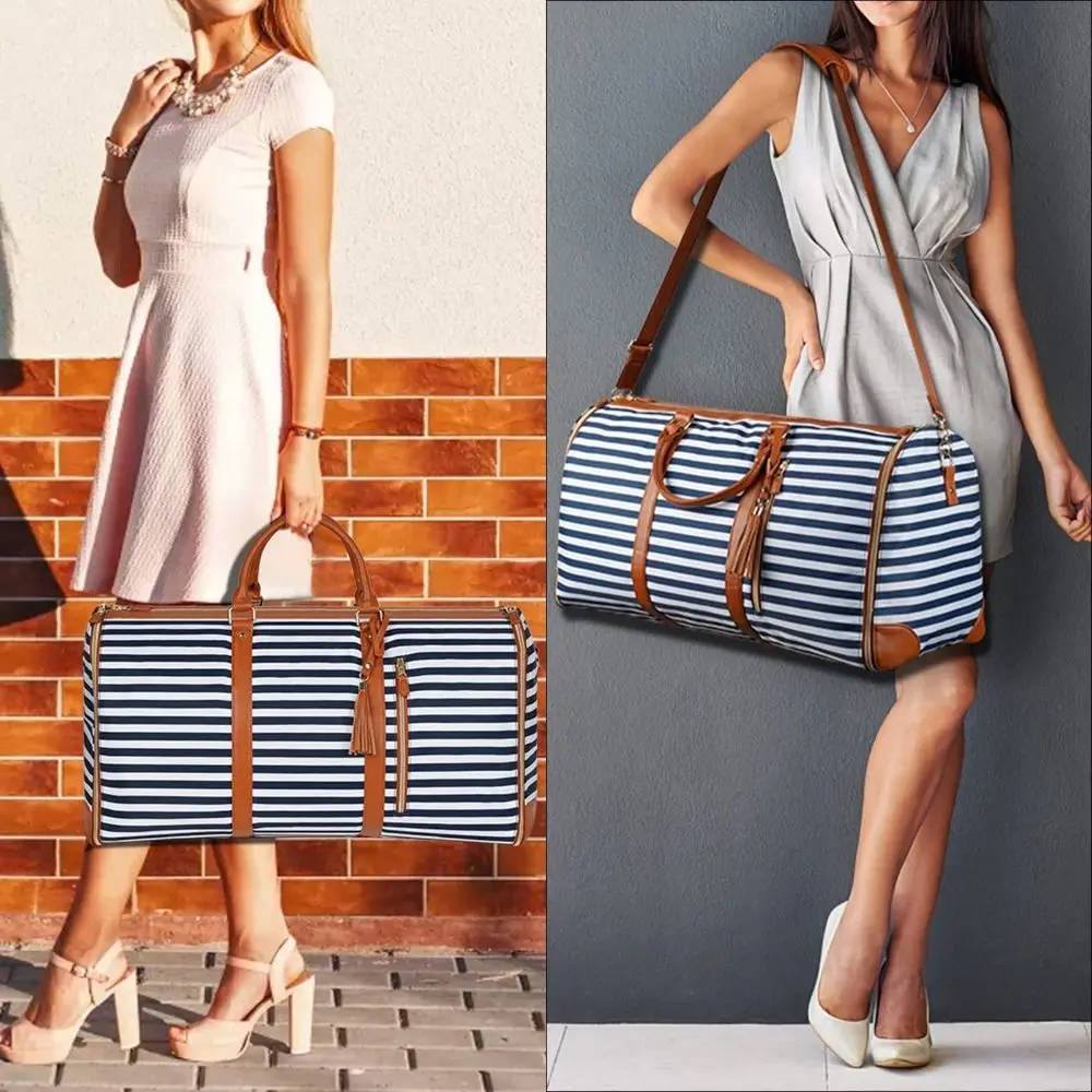 

Striped Large Capacity Travel Bag Foldable Expandable Duffle Bag PU Material Convertible Folding Suit Bag Gym Fitness