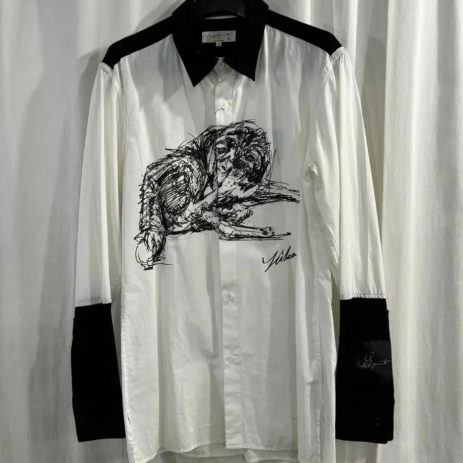 

ТОП-ЯМАМОТО ® Рубашка из чистого хлопка с принтом для собак, черно-белый пэчворк, художественный и нишевый дизайнер, темный стиль