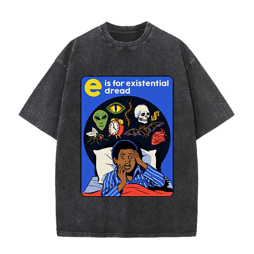 2026 Vintage Washed Black E Is For Existential Dread Retro Cartoon Graphic T Shirt Alien Skull Nightmare Oversized Streetwear Sh