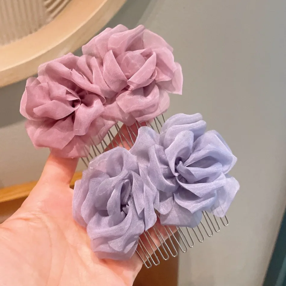 Girls Fairy Mesh Yarn Flower Hair Comb Insert Comb Lady Women Beautiful Wedding Side Hairpin Back Head Clip High-end Hair ZX07