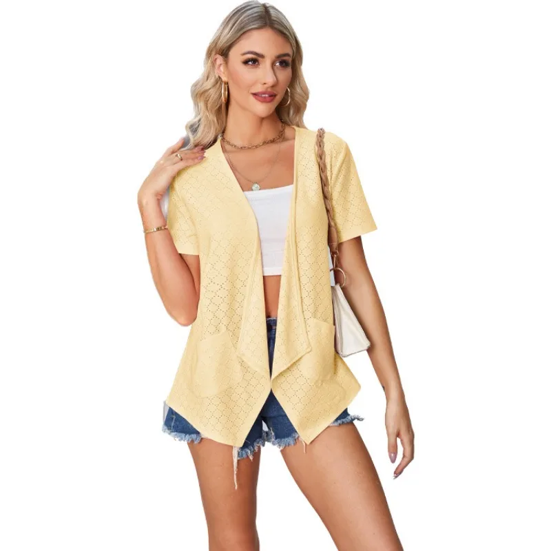 Frauen Cardigans einfarbige Öse kurze Ärmel neue Sommer lose lässige vielseitige Tasche Cardigan offene Front V-Ausschnitt Outwear Top