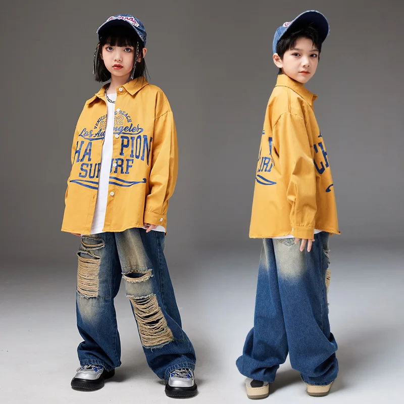 Girls Street Dance Performance Clothing Kpop Shirt Loose Blue Ripped Jeans Outfits Children Jazz Dance Costumes Boys Stage Wear