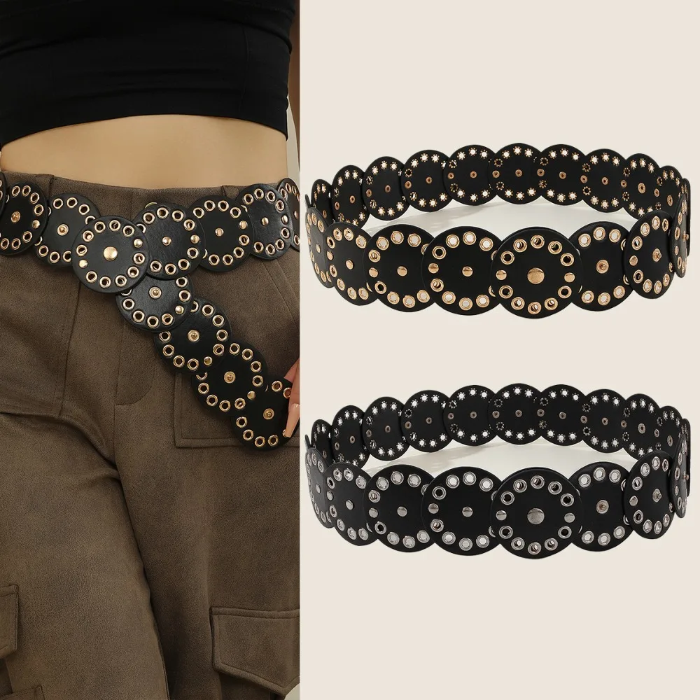 

Fashion Alloy Disc PU Hollow Belt Y2k Jeans Decor Rivet Wide Belt Retro Strap Buckle Concho Waistband Party