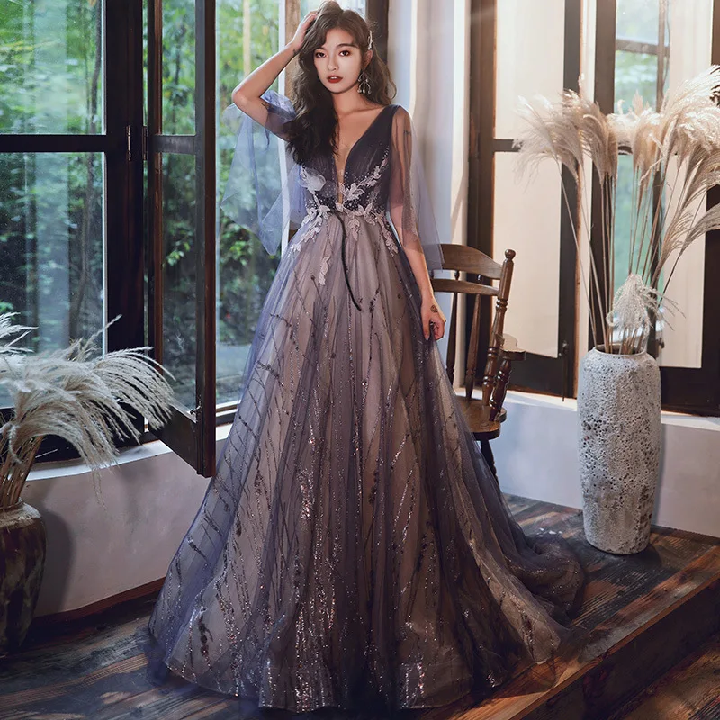 فستان سهرة فستان نمط جديد مأدبة الراقية جو أنيق الموسيقى الفن فحص مزاجه فستان طويل مع ذيل الإناث