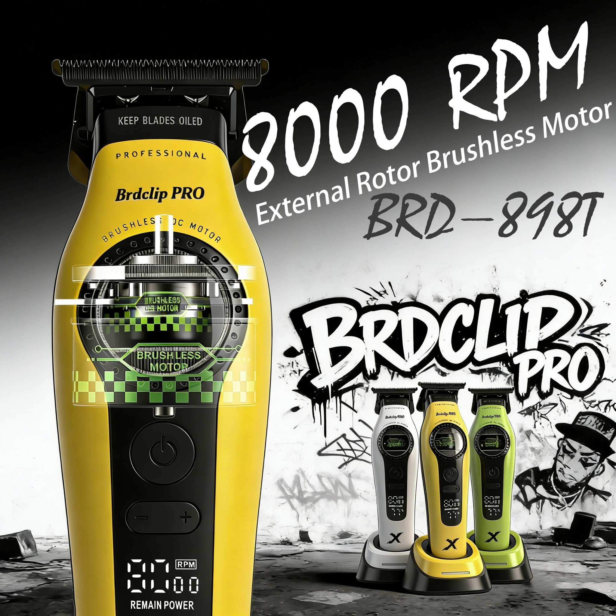 BRDCLIP External Rotor Brushless Motor 898T Electric Hair Trimmer DLC Blade 8000RPM with Charging Dock Salon Hairdressing Tools