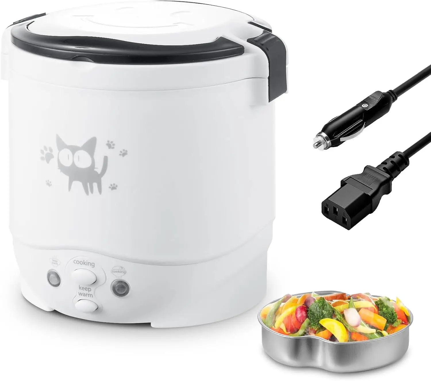 

Mini 1L Rice Cooker 2 Cup Travel Electric Cooker with Steamer, 12V Car Use, Auto Keep Warm, White