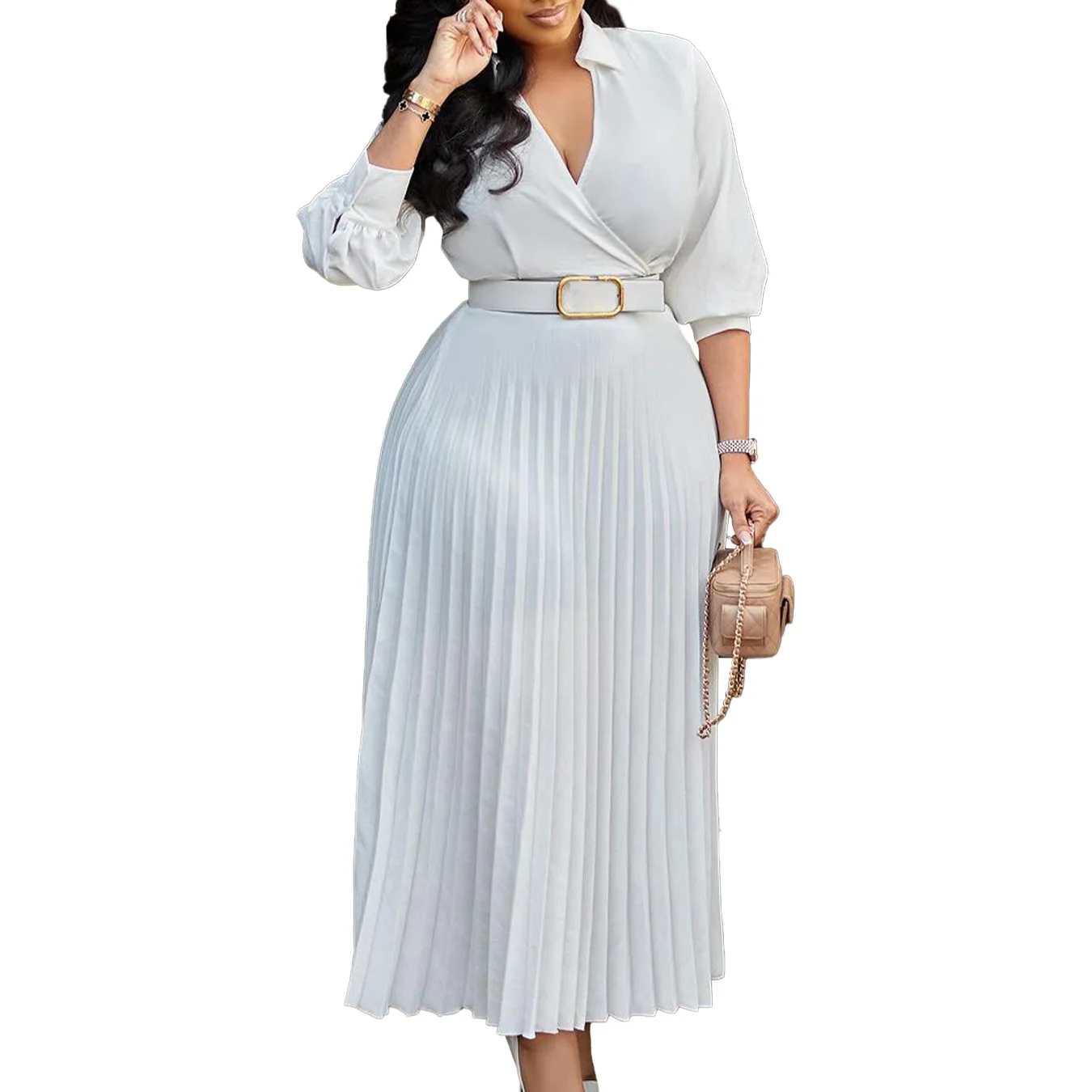 2024 Spring Plus Size Women Clothing Elegant Pleats Long Dress Full Sleeves Turn Down V Neck High Waist Shirt Dresses with Belt