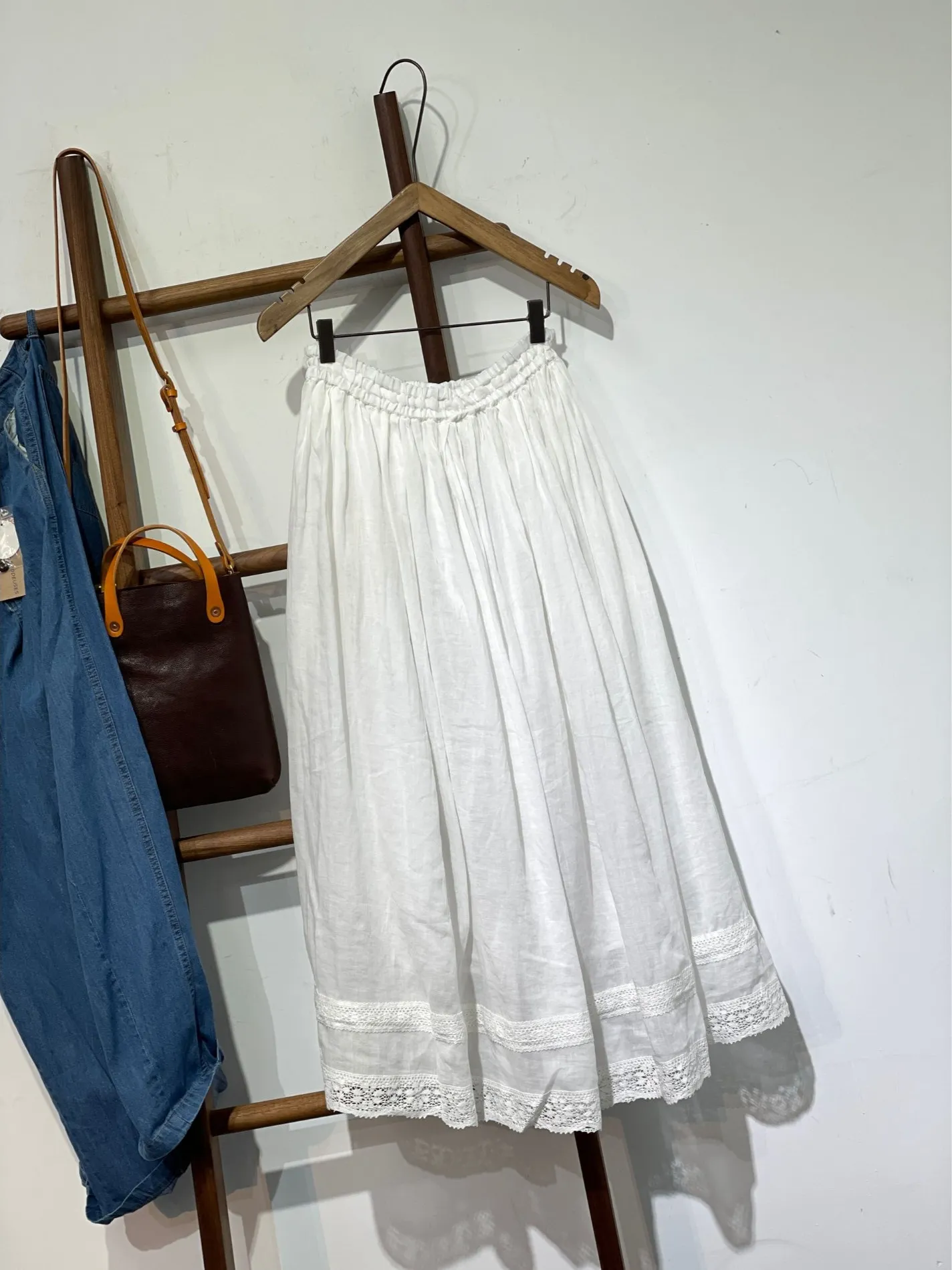 Saia midi fena de linho com acabamento em renda bordada retrô, saia longa de linha fina de camada dupla de verão, estilo ...