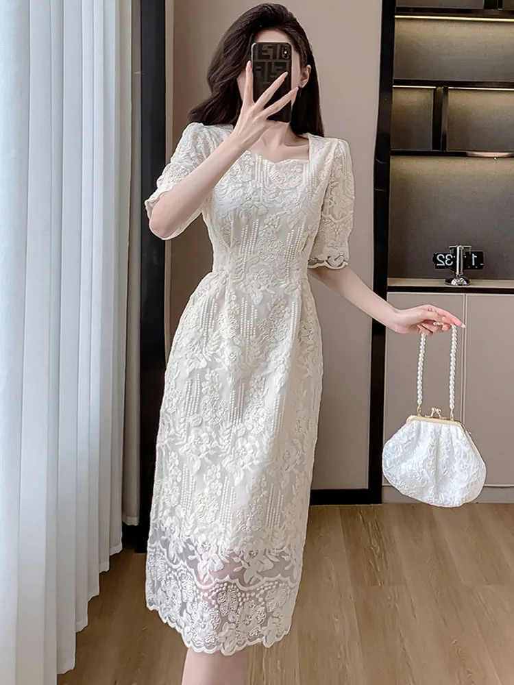 2024 Summer Elegant Flower Embroidery Dress Women Solid Color O-Neck Short Puff Sleeve Slim Waist Belt OL Party Dresses Vestidos