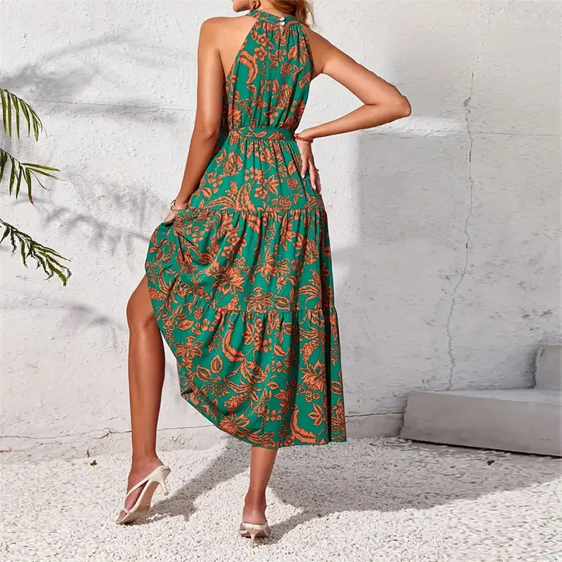 Y.KUKU Women Long Dresses Summer Sleeveless Printed Boho Vacation Holiday Halterneck Elegant Dress Maxi Dresses Femme Vestidos