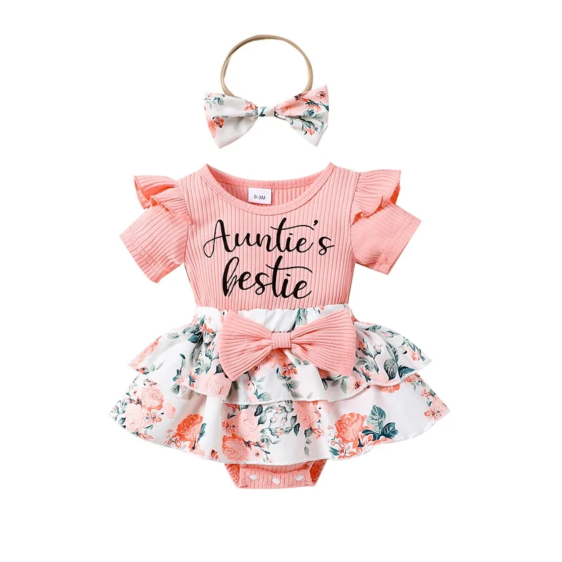 

Newborn Baby Girls Summer Outfits Fly Sleeve Ruffles Romper with Headband Infant 2Pcs Clothes