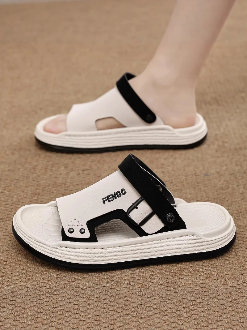 

Men's Summer Outdoor Sandals Luxury Anti-Slip Waterproof Thick Bottom Leather Surface Two-Purpose Slip-On Beach Driving Shoes