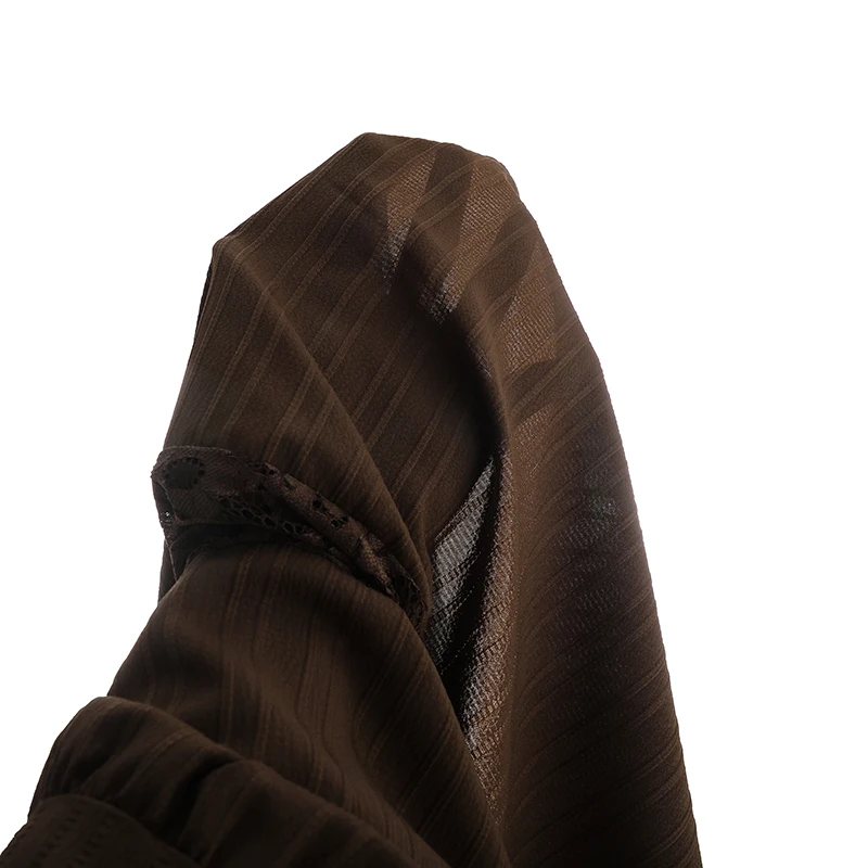 Braunes, strukturiertes Kleid für Teenager-Mädchen, volle Spitzenärmel, Spitzenbesatz am Saum, Gürtel, Swing-Kleid mit langen Ärmeln, lässiges Frühlingsoutfit – Detail 9