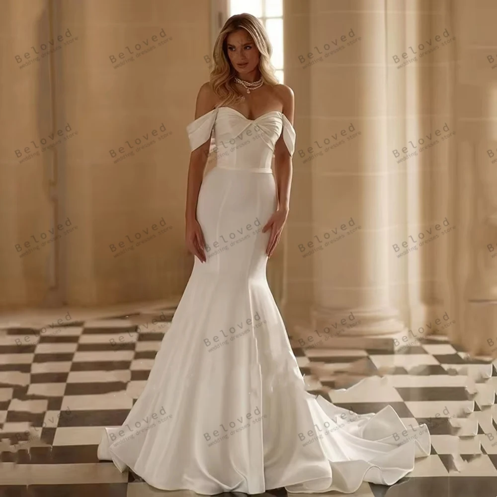 فساتين زفاف رشيقة من الساتان زي العرائس قبالة الكتف الجلباب ذيل قابل للانفصال براقة Vestidos De Novia مخصص 2026 #4