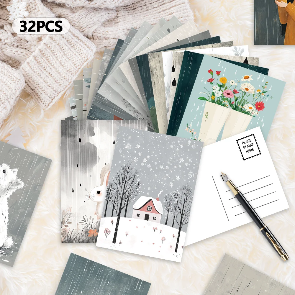 32 Stück leichte postkarten mit künstlerischer Illustration, Regentag-Heilungsthema, Weihnachtsgrußkarten, Wohnzimmerdekoration, Geschenk für Studenten