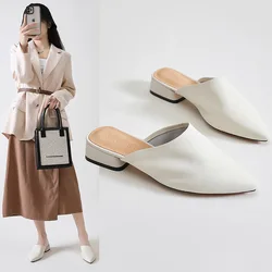 Women mule shoes leisure slipper cow leather slippers pointed toe slide