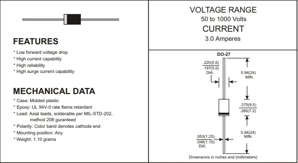 500ชิ้น1N5408 D0-27 3A1000Vที่มีคุณภาพสูง