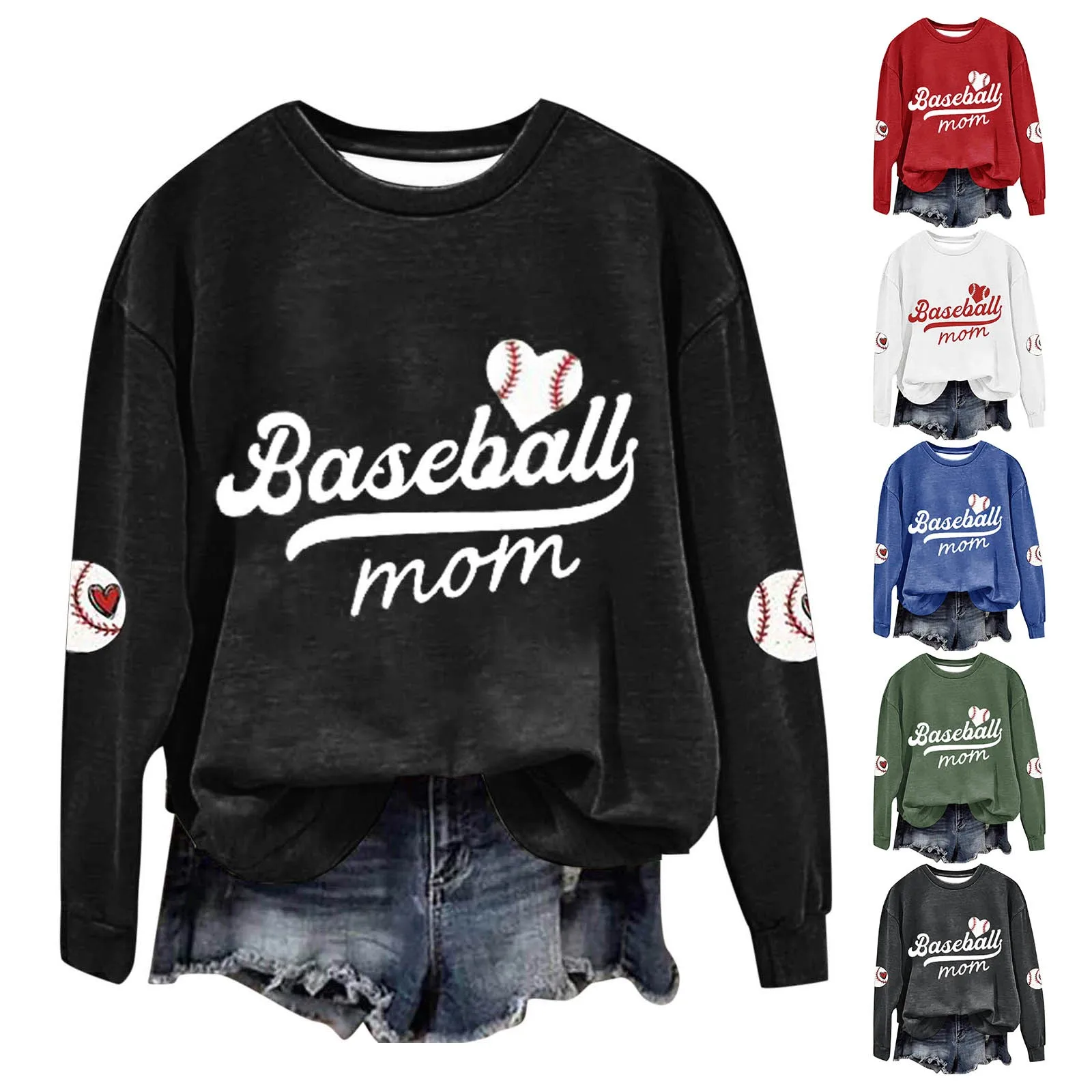 

Women's Baseball Printed Crew Neck Multi Color Multi Size Crew Neck Hoodless Bottom Blouse Knit Long Sleeve Hoodie Top