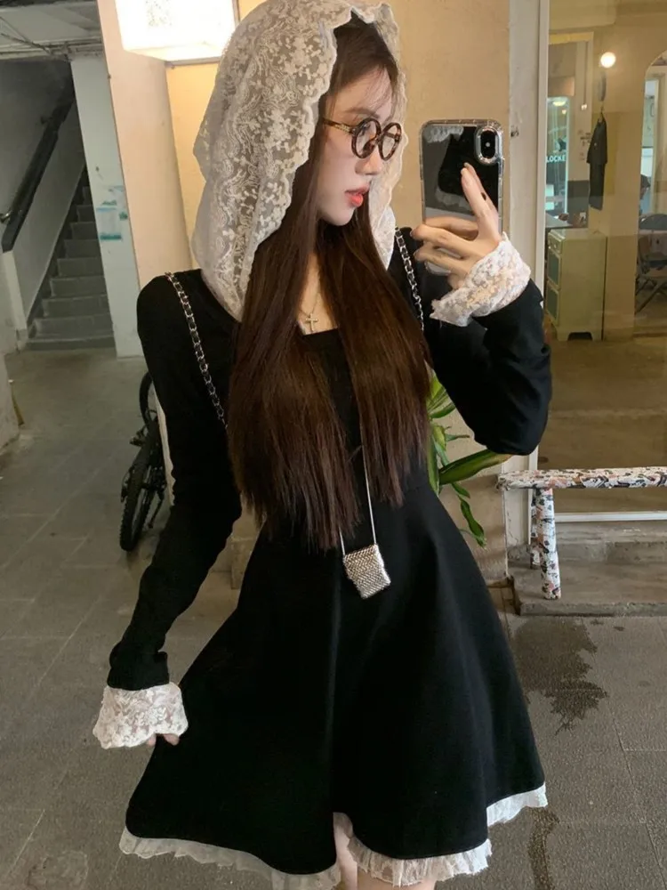 

Women's Y2K French Lace Patchwork Dress Hooded Long Sleeves Slim A-Line Short Dresses 2025 New Spring Summer Chic Vestidos