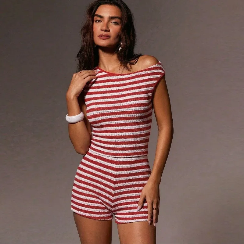 

Sexy 2 Piece Sets Vest Short Pants Suit Women's Slim Fit Slanted Shoulder Striped New In Matching Sets Summer Conjunto Feminino