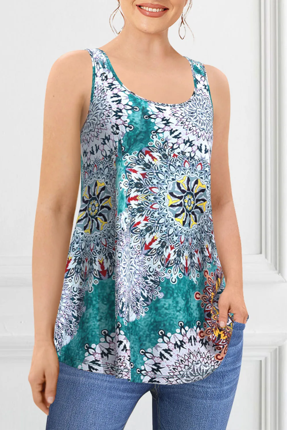 Flycurvy Tank Top Cetak Tribal Bra Bawaan Hijau Teal Kasual Ukuran Plus