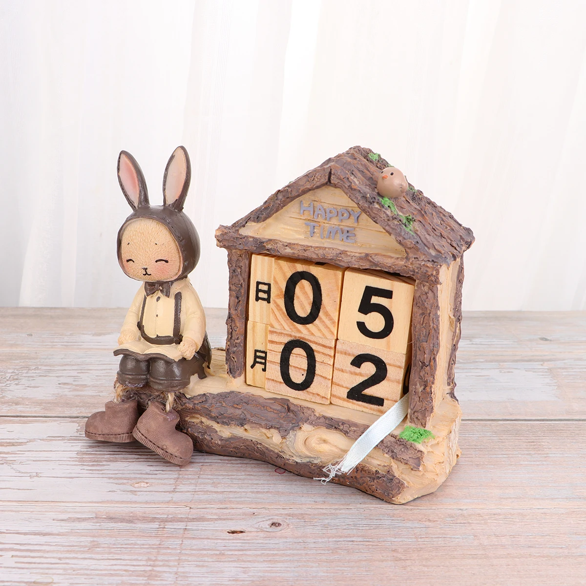 

Wooden Perpetual Calendar House Shape Desktop Decoration Eco Friendly Sturdy Wood Craft Rabbit Cabin Office Ornament