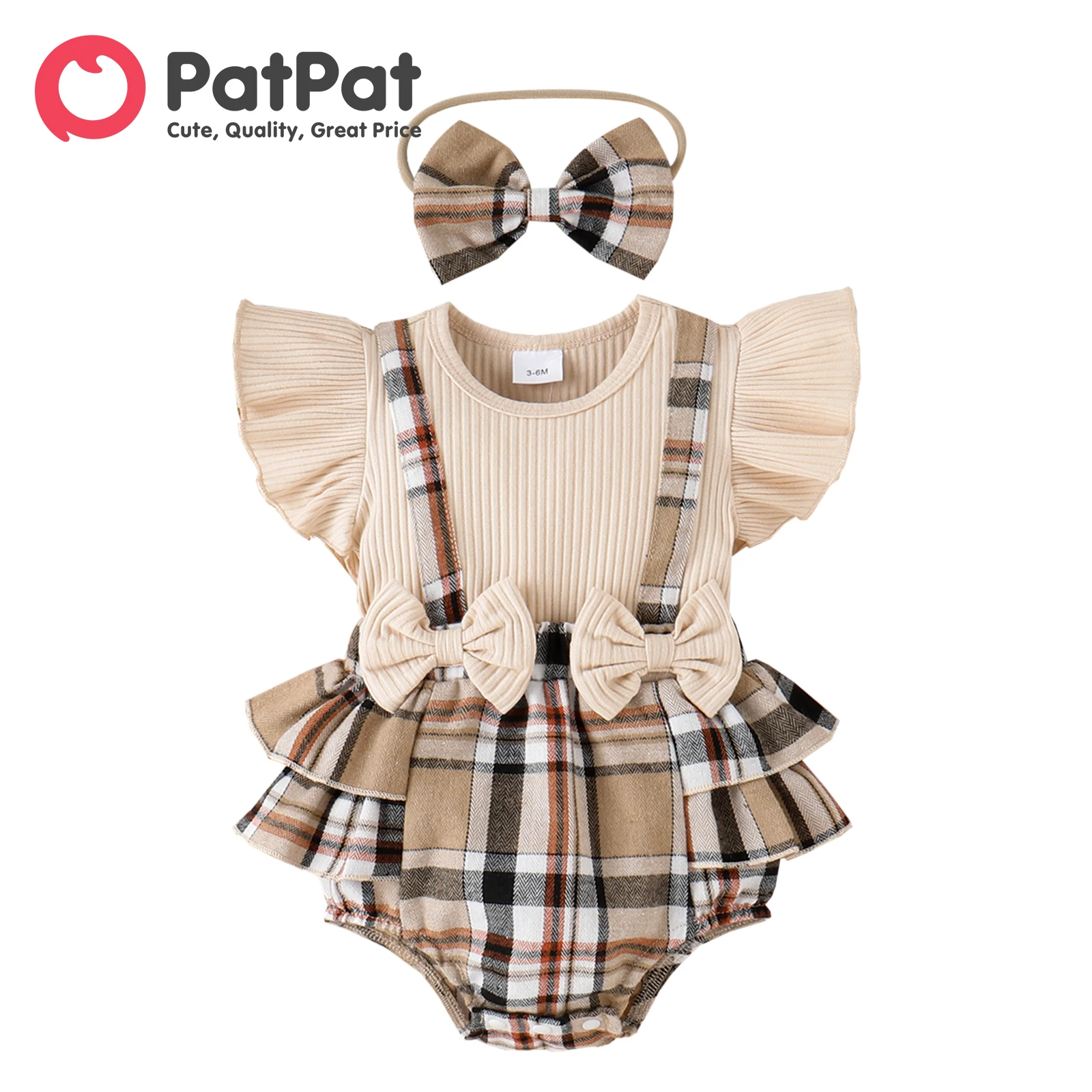 PatPat 2pcs Baby Girl Romper 95% Cotton Ribbed Ruffle-sleeve Bow Decor Spliced Plaid Romper & Headband Set