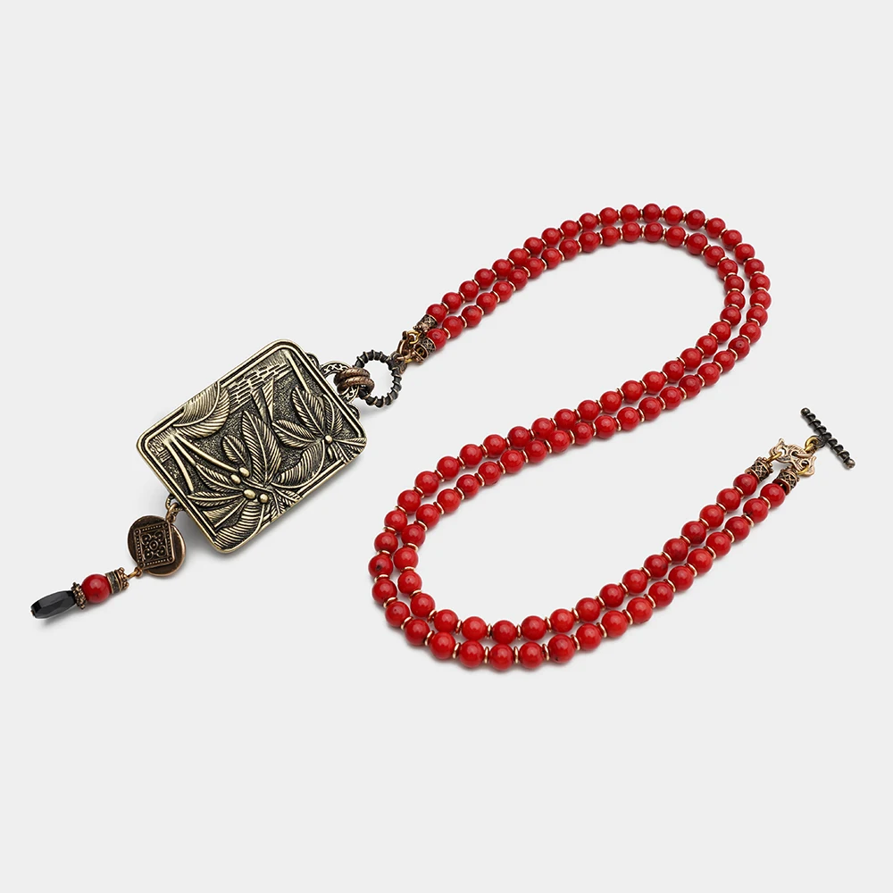 Amorita boutique vintage design cicada Keratoisis Natural Red Sea Bamboo Beads Agate necklace