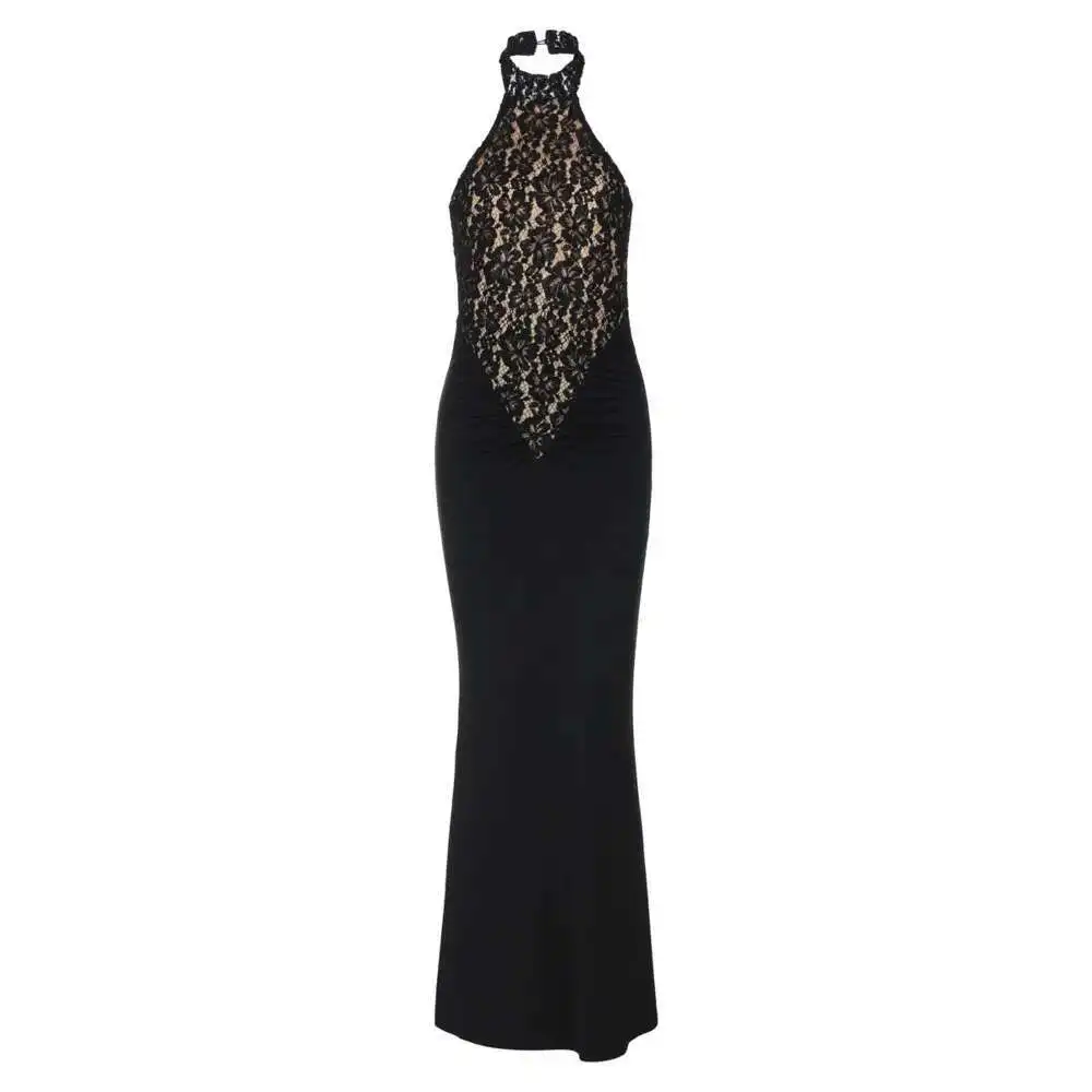 Mozision koronkowa Halter Backless seksowna sukienka Maxi dla kobiet czarna Off-shoulder bez ramiączek bez rękawów Bodycon Club długa sukienka na imprezę — zdjęcie 2