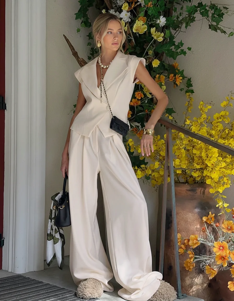 

Элегантный комплект из двух предметов цвета слоновой кости: топ-блейзер без рукавов с V-образным вырезом и брюки с широкими штанинами. Шикарный офисный костюм для женщин. Новинка 2026.